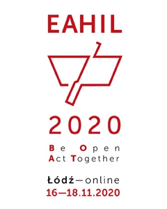 Logo of EAHIL 2020 online. Red on white. Text : EAHIL, drawing: a boat, number: 2020, slogan: Be Open Act Together, text: Lodz - online 16-18.11.2020.